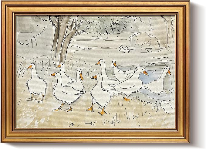 Bzstyleart Vintage Wall Art Decor for Living Room, Gold Framed Canvas Wall Decor Duck Painting Vintage Home Decor Aesthetic, Canvas Animal Prints, 12 x 16 Inch