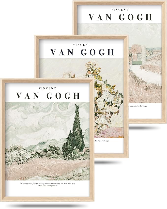 HesenDot Van Gogh High Framed Wall Art Set of 3, 12x16in Neutral Floral Canvas Prints, Abstract Landscape Artwork for Living Room Bedroom Gallery Office Home Décor