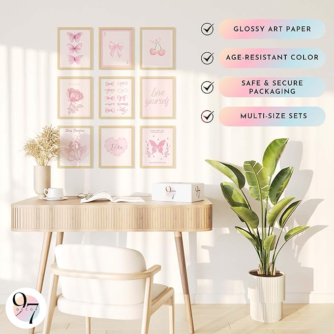 97 Decor Pink Coquette Room Decor Aesthetic - Vintage Coquette Wall Decor, Cute Coquette Posters For Girls Dorm Decorations, Girly Wall Art Prints Bow Pictures For Bedroom (8x10 Unframed)