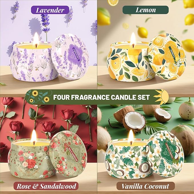 WarmEmbrace Scented Candles for Women, 4 Pack Soy Candle Set, 4.4OZ Candles for Home Scented, Candle Gift Set for Women, Lavender/Coconut and Christmas Holiday Candles, Valentines Day Gifts