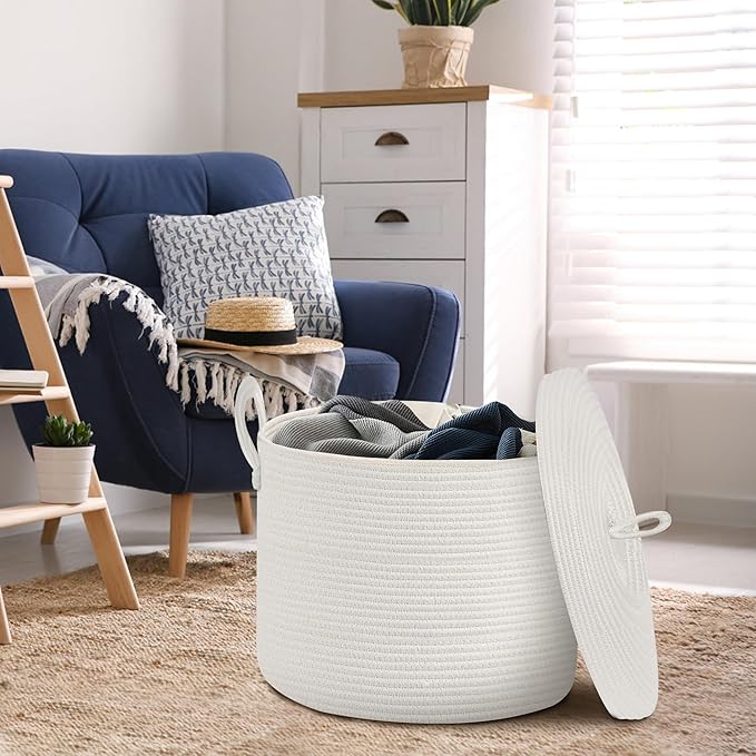 18" X 18" X 14" Extra Large White Basket with Lid, Woven Cotton Rope Basket for Blankets for Living Room, Kids Toy Storage Bin, Wicker Bathroom Towel Storage, All White Bins for Organizing