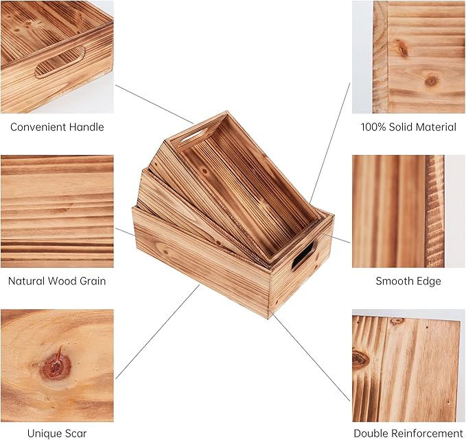 PHOENANCEE Wood Crates For Display,Rustic Crate Storage Decorative Boxes Set of 3,Wooden Nesting Box with Handles Farmhouse Container Basket Bin Home Decoration,Solid Pine,L+M+S