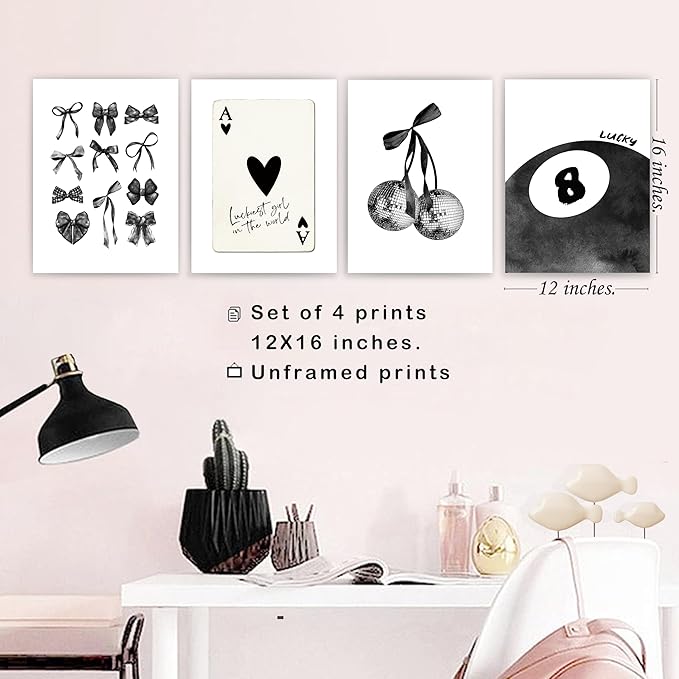 okaxscm Black Coquette Trendy Preppy Wall Art Prints Set of 4, Coquette Room Decor, Preppy Room Decor Aesthetic, Black Bow Disco 8 Ball Cherry Wall Decor Posters for Girls Bedroom Dorm, 12x16 Unframed