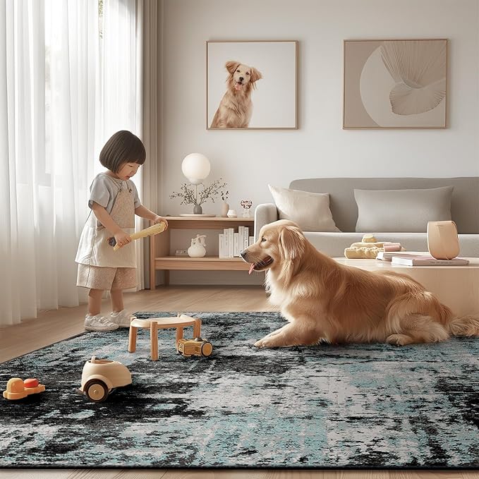 RELEANY Washable Area Rugs 4'x6' Non-Slip Modern Abstract Soft for Living Room Entryway Bedroom Nursery, Print Pattern, Blue Black Teal