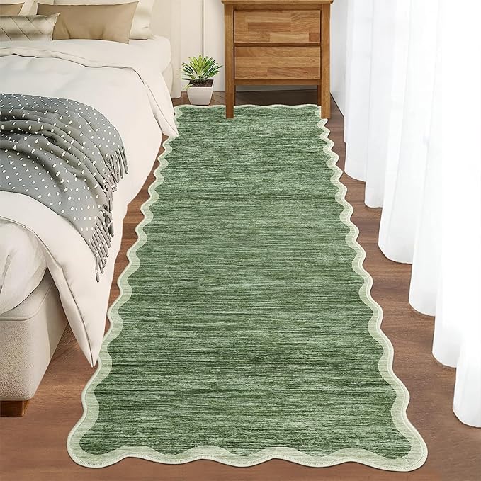 GarveeHome Scalloped Washable Runner Rug 2x6 Runner Abstract Modern Green Kitchen Runner Rug Non Slip Farmhouse Entryway Rug Soft Bathroom Rugs Stain Resistant Carpet for Laundry Bedroom 2'x6'