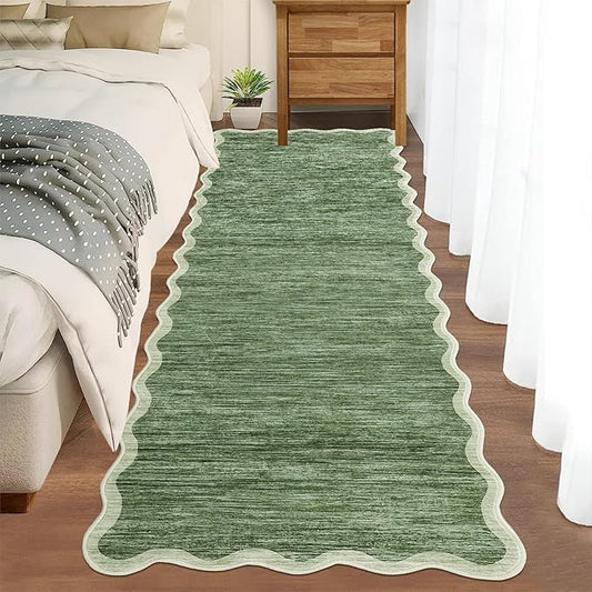 GarveeHome Scalloped Washable Runner Rug 2x6 Runner Abstract Modern Green Kitchen Runner Rug Non Slip Farmhouse Entryway Rug Soft Bathroom Rugs Stain Resistant Carpet for Laundry Bedroom 2'x6'
