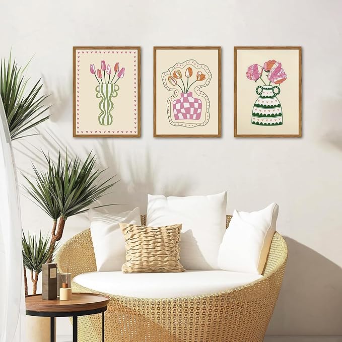 Framed Boho Floral Canvas Wall Art Set of 3, Pink Tulip Flower Paintings Wall Decor, Abstract Botanical Pictures Prints Minimalist Home Decor Aesthetic for Living Room Bedroom Office 16×24 inch