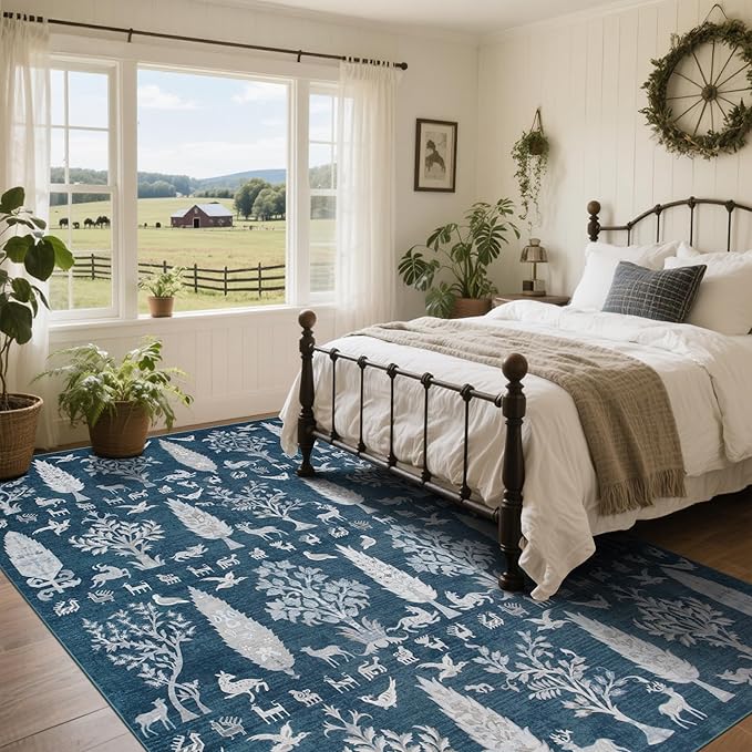 Srugn Washable Rugs 8x10 Area Rugs for Living Room,Bedroom,Dining Room- Large Ultra Soft Faux Wool Retro Carpet,Non Slip&Non-Shedding Low Pile Vintage Print Rug for Home Office Dorm Playroom-Blue