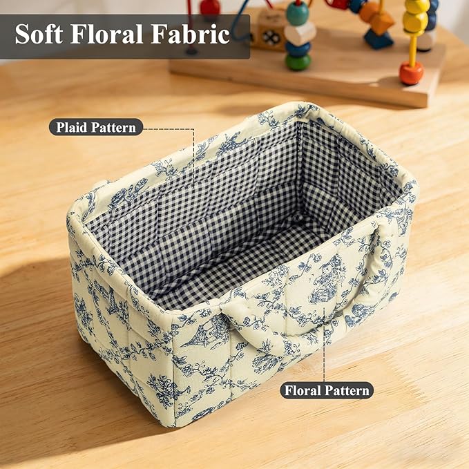 Small Storage Basket Organizer, Mini Fabric Floral Storage Baskets with Handle, Quilted Portable Collapsible Storage (Vine-Green)