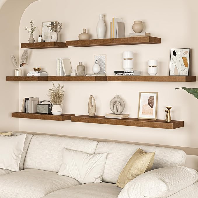 Fun Memories 66 Inch Floating Shelves, 12 Inch Deep Wall Shelf for Fireplace Mantel, Rustic Brown Deep Storage Shelves for Home & Office, Long Floating Shelf with Invisible Bracket, Set of 2