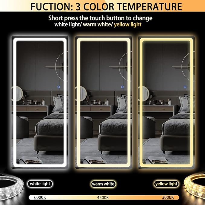 Hasipu Full Length Mirror with Lights, 61" x 22" LED Floor, Full Body Dressing Standing, Hanging Mounted Mirror, Round White