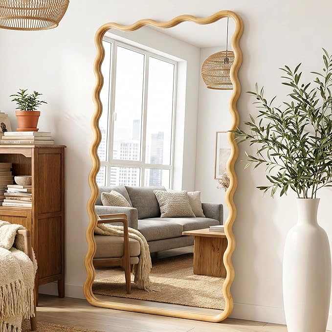 TRAHOME Wavy Mirror for Wall, 55"x28" Boho Wavy Wood Mirror Large Full Length Decorative Mirror with Tempered Glass, Natural Wooden Frame Vanity Mirror for Bedroom, Living Room, Entryway