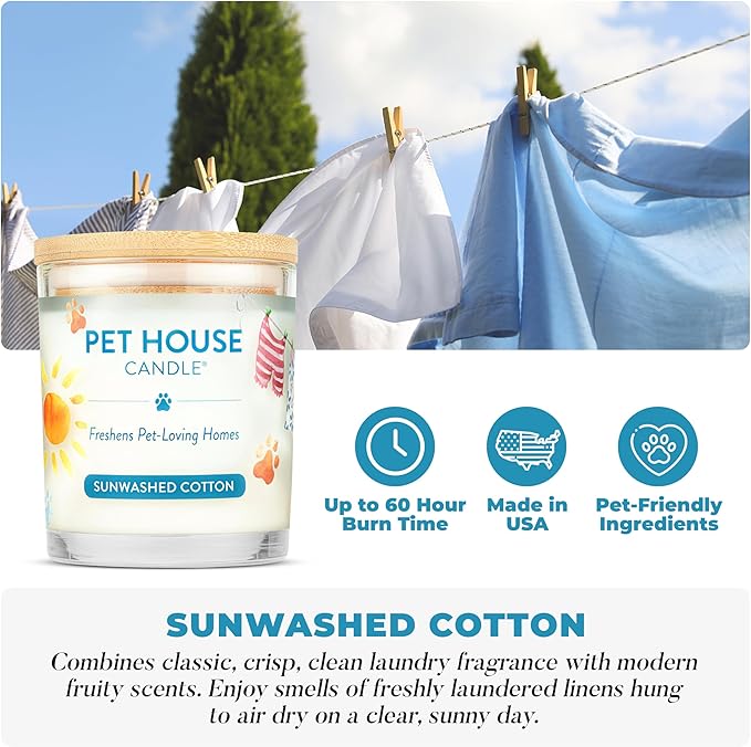 One Fur All Pet House Candle 2 Pack - Plant-Based/Soy - Clean Burning Scented, Long Lasting Pet Odor Candle for Home - Sunwashed Cotton