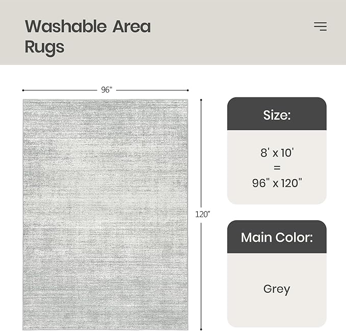 Valenrug Washable Rug 8x10 - Stain Resistant 8x10 Area Rugs for Living Room, Non Slip Backing Printed Rugs for Bedroom, Folable Machine Washable Area Rug (8'x10', Grey)