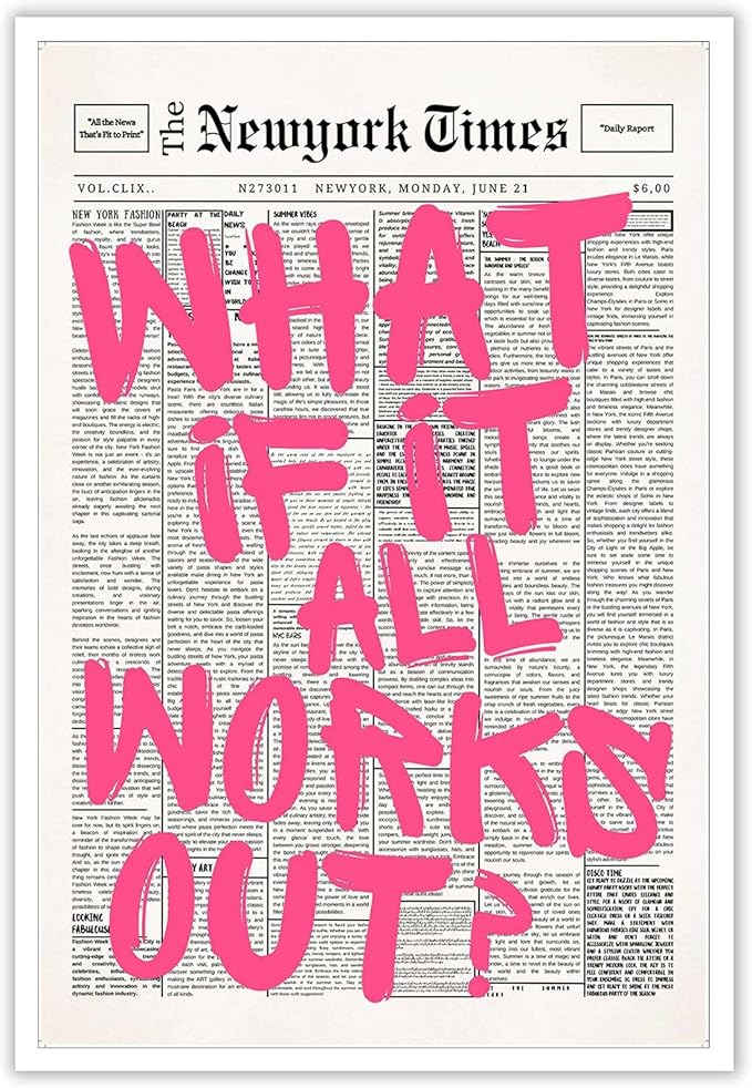 Drimiler Retro Newspaper Pink Font Poster What If It All Works Out Canvas Wall Art Positive Affirming Quote Minimalist Prints Painting For Home Bedroom Dorm Wall Decor 16x24in Unframed