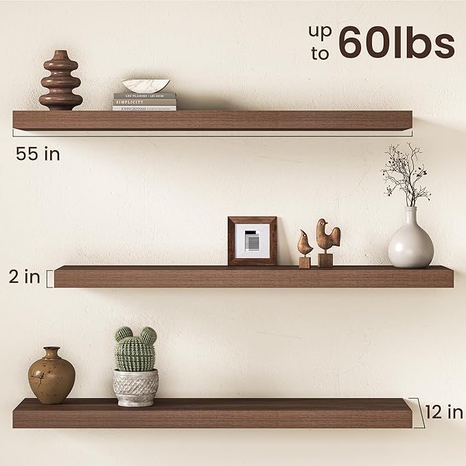 Walnut Floating Shelves 55Inch Long, 12 Inch Deep Floating Shelves for Wall, 55 x 12 Large Floating Shelf for Fireplace Mantel, 2" Thicked Rustic Wall Shelves for Living Room, Bedroom Storage, 2 Packs
