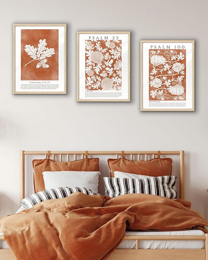 EcoHest Fall Botanical Pumpkins Framed Wall Art, 12x16 in OAK Wood Christian Psalm 100 Canvas Wall Art, Beige Logs A Psalm of Thanksgiving Home Decor Set of 1 for Bedroom Living Room