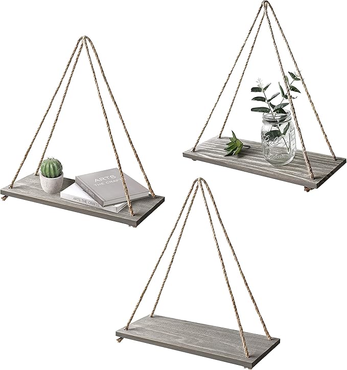 17 x 5 inch Wall Hanging Floating Shelves, Distressed Wood Farmhouse Organizer, Rustic Home Décor for Living Room Bathroom Bedroom Kitchen Apartment, Set of 3, Grey