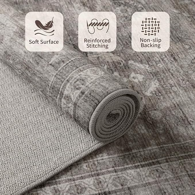 Rugxara 8x10 Area Rugs for Living Room, Large Washable Rug, Grey Vintage Retro Boho, Non Slip & Low Pile Faux Wool Carpet for Indoor Dining Room and Bedroom