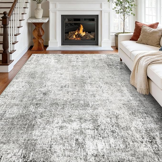 RELEANY Washable Area Rugs 7'x9' Non-Slip Modern Abstract Soft for Living Room Entryway Bedroom Nursery, Print Pattern, Gray White Grey