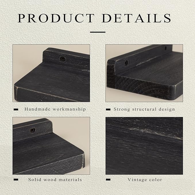 Freezing point Small Floating Shelf for Wall Set of 2 Natural Wood 8Inch Mini Wall Shelves Decor Plant Display Collectibles Mounted Kitchen Bathroom Bedroom Corner Decorative Storage Tiny Stand Black