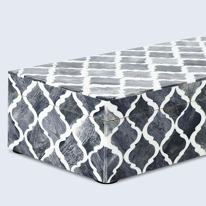 Handicrafts Home Decorative Storage Box with Lid, Moroccan Coffee Table Storage Box Organizer, Wooden Keepsake Jewelry Box, Decorative Desk Console Storage Box, Gray, 10 x 4.5 x 2.5