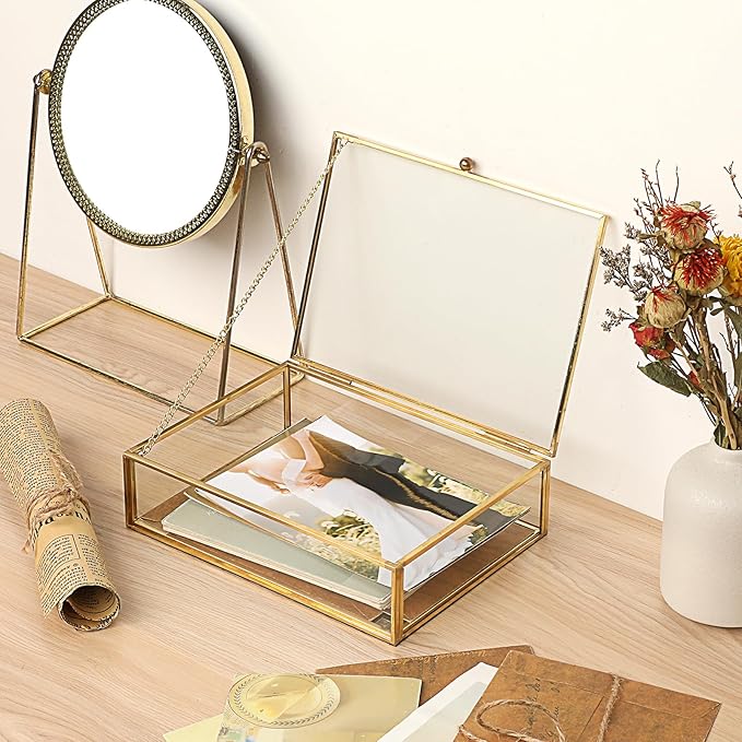 Glass Jewelry Box with Lid Golden Vintage Box with Mirror Base Decorative Case for Ring Earring Makeup Jewelry Display Organizer for Dresser, 7.3 x 5.3 x 2 Inch