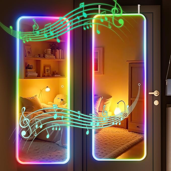 Hasipu 43"x16" LED RGB Bluetooth Door Mirror Full Length, Full Body Full Length Over The Door Mirror with Lights, Door Hanging & Wall Mounted Mirror for Bedroom, Living Room, Cloakroom