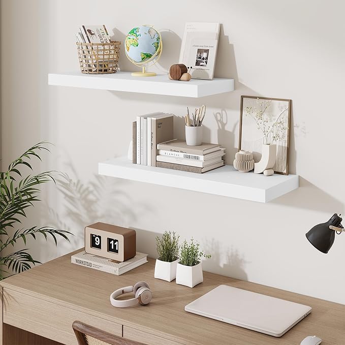 Fun Memories Floating Shelves for Wall, 30 Inch Long Floating Shelves Set of 2, 30 x 10 Wooden Shelves for Wall, Large Storage Shelves, Hanging Shelves for Bathroom Kitchen Bedroom, White