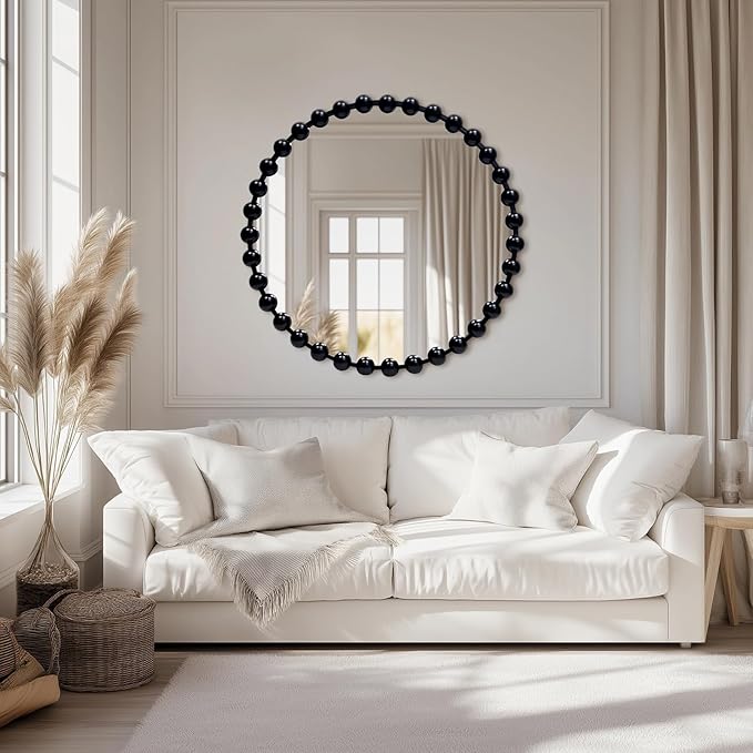 Round Black Mirror 30'', Beaded Mirror for Wall, Spherical Frame Large Circle Mirror for Bathroom, Dining Roon, Bed Room, Entryway
