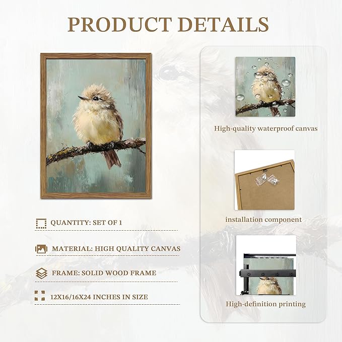 Vintage Framed Bird Wall Art, Rustic Sparrow on Branch Canvas Wall Decor Painting, Cute Bird Animal Artwork Poster Prints Pictures for Living Room Bedroom Bathroom 12x16 Inch