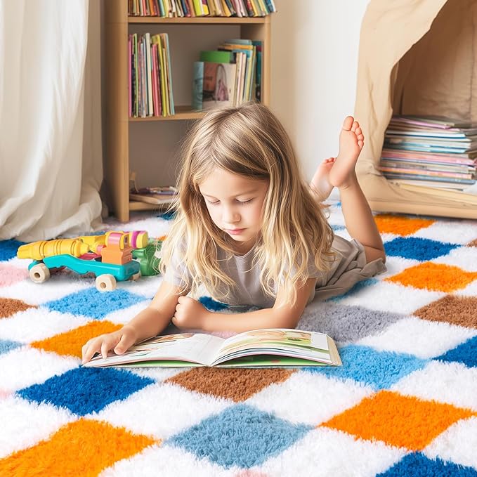 Checkered Rugs for Living Room Bedroom, 5x7 Area Rugs for Living Room, Modern Shaggy Carpets Fuzzy Rug for Boys Girls Dorm Nursery Home Decor Aesthetic, Upgrade Non-Slip Durable, Colorful