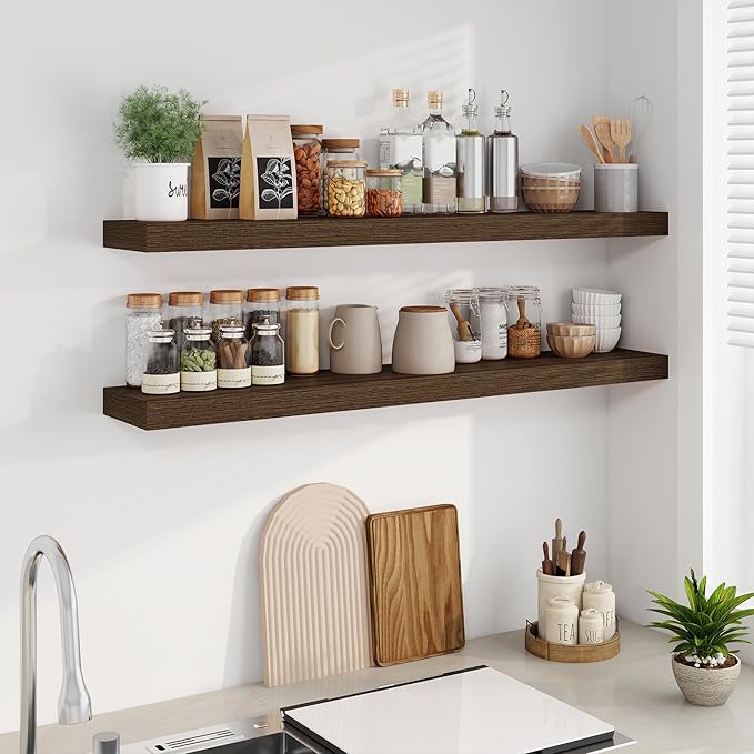 Fun Memories Floating Shelves for Wall, 48Inch Long Floating Shelves Set of 2, Hanging Shelf with Invisible Brackets, Wood Shelves for Living Room, Bedroom, Kitchen, Walnut