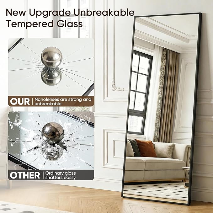 Antok Full Length Mirror, 58"x18" Floor Mirror with Stand, Hanging Mounted Mirrors for Bedroom, Living Room, Cloakroom, Dining Room, Black, Rect