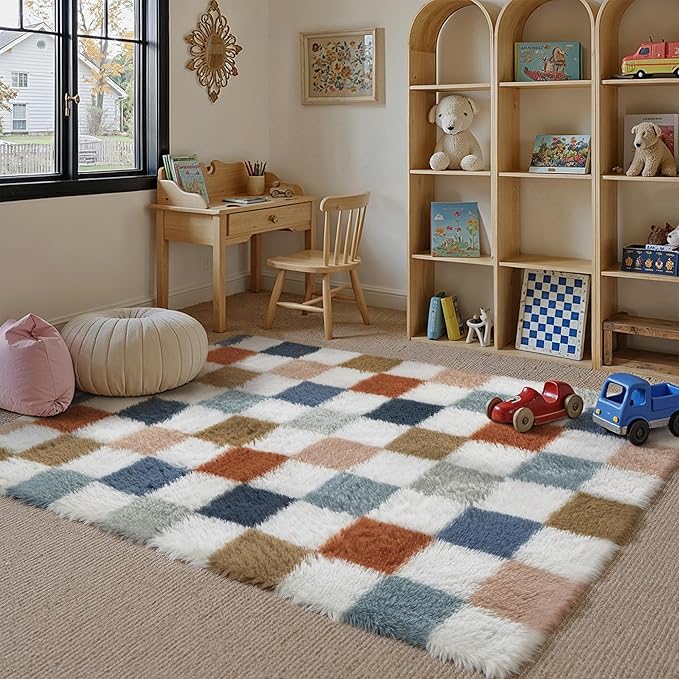 PureCozy Checkered Rug 3x5 for Living Room, Modern Rainbow Shag Rug Super Soft Washable Indoor Fuzzy Carpet Non-Slip Fluffy Rugs for Bedroom Home Aesthetic Decor