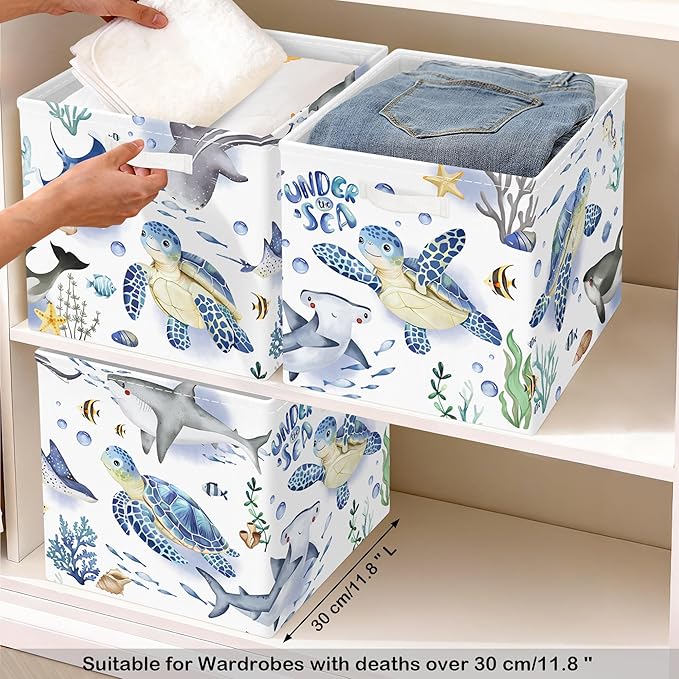 11.8" Marine Animals Cube Storage Organizer Set 3Pcs Ocean Sharks Turtles Cube Storage Bin for Bathroom/Bedroom Kid Book Toy Chest, Seaweed