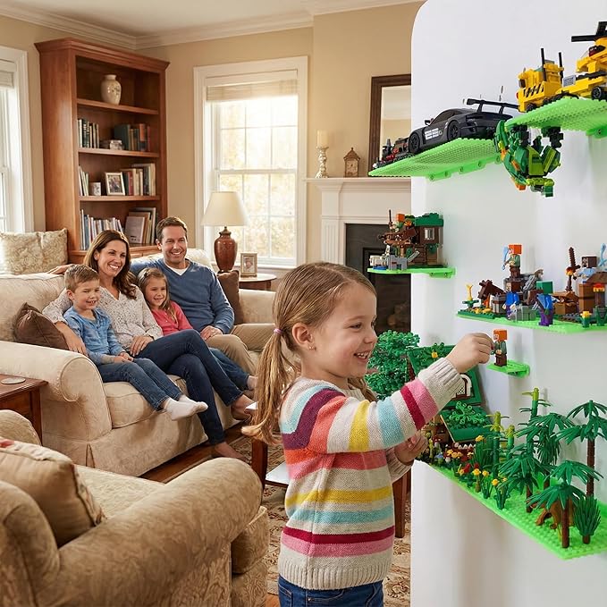 12 Wall Display Shelf for Lego Bricks, 4x5 inch Dual-Sided Floating Shelves with 16x13 Studs 4.8-4.9mm, Supports Up to 2 lbs with Screw, Baseplate Wall Mount for Builders Room Decor, Glow in The Dark