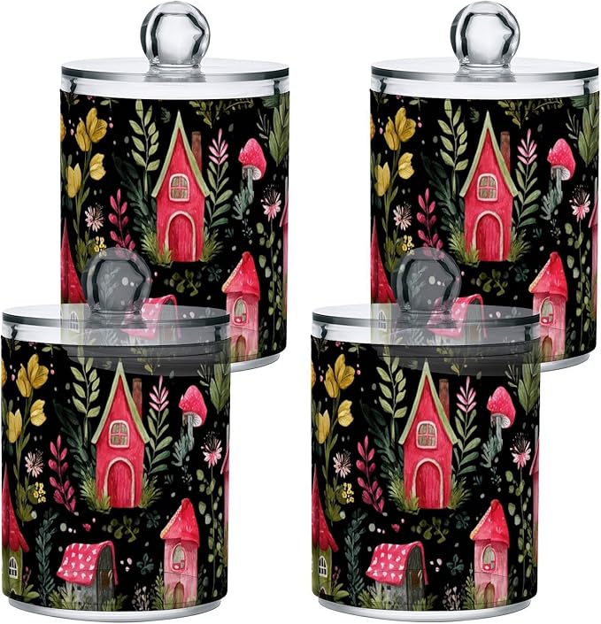 2 Pack Apothecary Jars Watercolor Red House Dark Bathroom Vanity Storage Organizer Set,Small Clear Plastic Storage Jars Bathroom Canister for Cotton Swabs, Rounds, Balls, Qtips,Makeup Sponges,