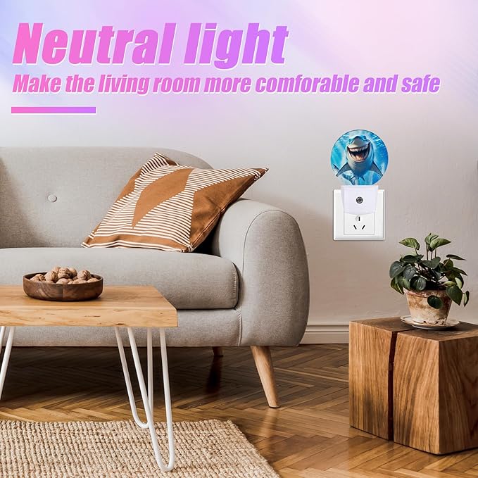 Funny Shark Night Light Sea Animals Night Lights LED Lamp Round Plug into Wall Nightlight with Dusk to Dawn Sensor Home Hallway Stairway Kitchen Decor