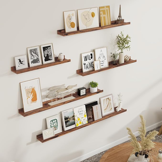 Fun Memories Picture Ledge Shelf, Floating Shelves Set of 4, 40 Inch Picture Shelves for Wall with Ledge, Large Nursery Book Shelf for Toys Storage, Living Room, Bedroom Decor Frames, Rustic Brown