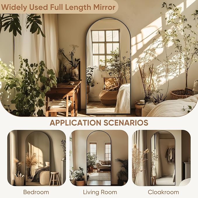 69"x28" Full Length Mirror, Arched Full Body Mirror, Standing Hanging or Leaning Floor Mirror for Bedroom and Living Room, Black