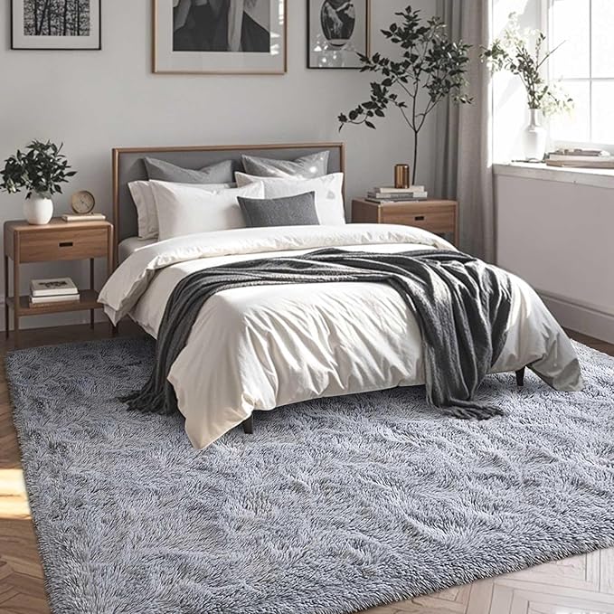 FinRèc 6x9 Feet Rugs for Living Room Bedroom, Soft Light Grey Fluffy Area Rug, Non-Slip Solid Shag Rug for Nursery Kids Room Dorm Room Home Decor, Indoor Floor Carpet