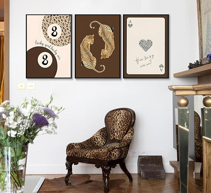 3pcs Trendy Leopard Canvas Wall Art Funky Lucky 8 Ball Posters Prints Preppy Room Aesthetic brown Cheetah Prints Wall Decor Pictures for living room Bedroom Dorm Apartment Unframed
