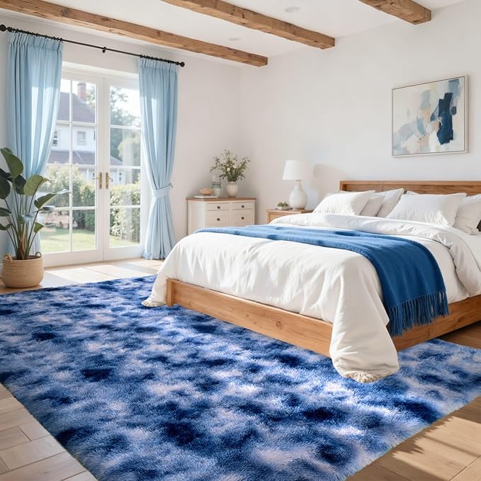 5x7 ft Fuzzy Rug for Living Room Soft Fluffy Blue White Bedroom Area Rugs Non-Slip Shaggy Carpet for Nursery Kids PlayRoom Dorm Office Indoor Modern Plush Carpets