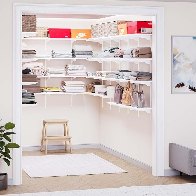 Wallniture Turin 48"x10" Floating Shelves for Wall Storage, Closet Storage Shelves, Book Shelf with Adjustable Standard Rail Bracket System for Pantry & Laundry, White, Wood