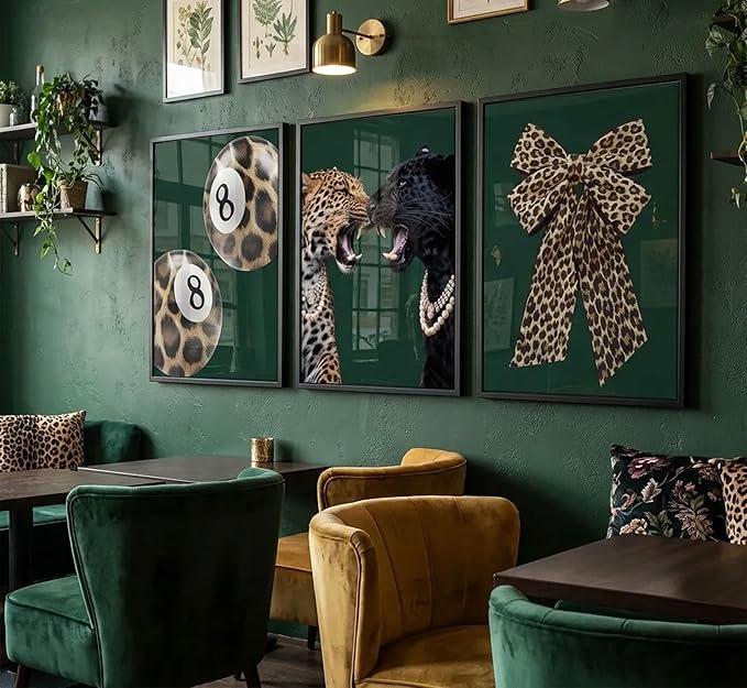 3pcs Trendy Leopard Canvas Wall Art Funky Lucky 8 Ball Posters Prints Paintings Cheetah Bows Preppy Aesthetic Pictures Wall Decor for Bedroom Dorm Living Bathroom Decoration Unframed