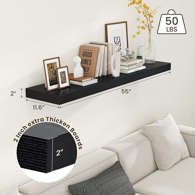 FLYJOE 12 Inch Deep Floating Shelves | 55 Inch Black Floating Shelves | 55" W x 12" D Rustic Wood Shelves for Wall | Deep Black Shelves for Living Room Bathroom Laundry Room Kitchen