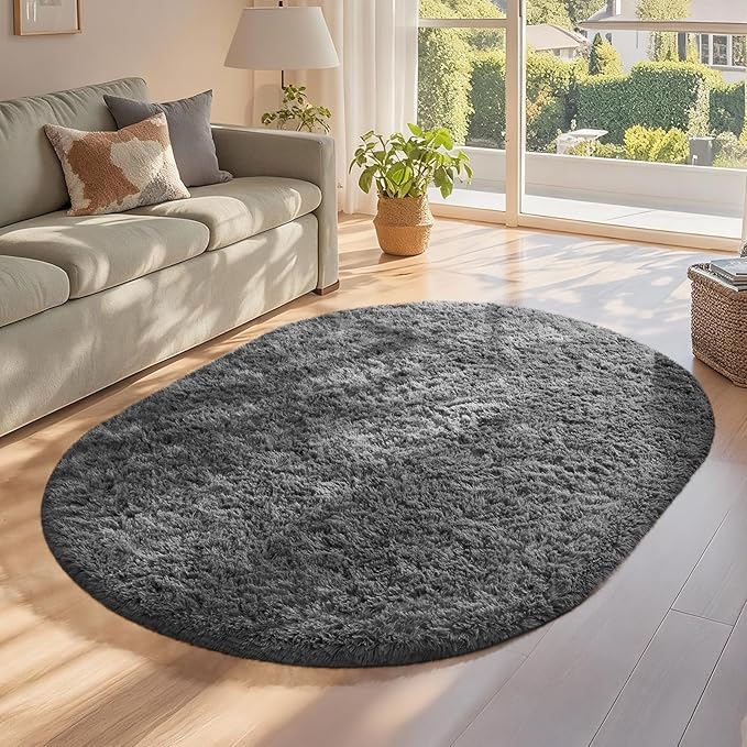 Ophanie 3x5 Grey Oval Rugs for Bedroom Living Room, Gray Small Fluffy Fuzzy Carpet, Plush Soft Shaggy Bedside Indoor Floor Area Rug for Kids Girls Boys Baby Teen Dorm College Home Decor Aesthetic