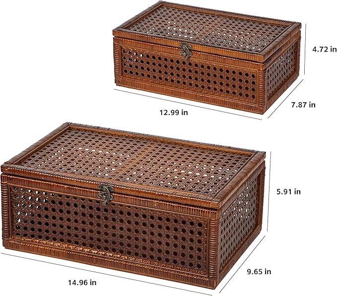 Handwoven Rattan Storage Boxes Set of 2, Decorative Wooden Wicker Chest with Lids and Latches, Vintage Boho Storage Trunks for Living Room, Bedroom, Home Decor