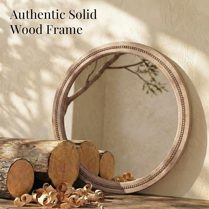 30" Round Solid Wood Mirror for Bathroom Vanity, Handcrafted Beaded Circle Wall Mirror - Natural Boho Farmhouse Decor for Entryway & Bedroom